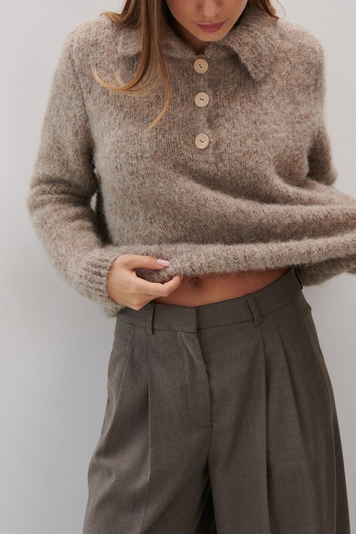 Earth Embrace Beige Alpaca Wool Collar Sweater