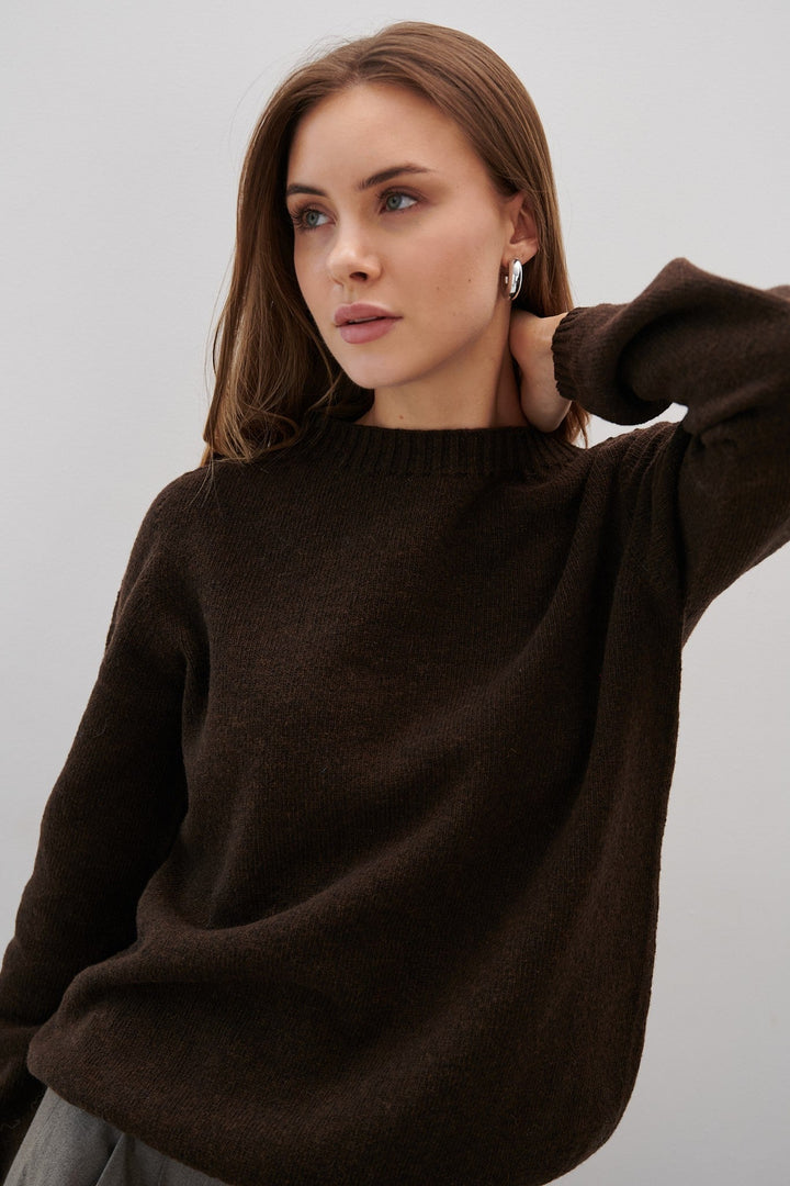 Sweter z wełny merynos elegant flow czekoladowy