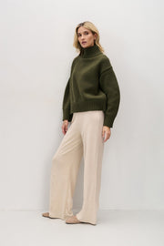 Chunky knit merino wool turtleneck sweater in olive green