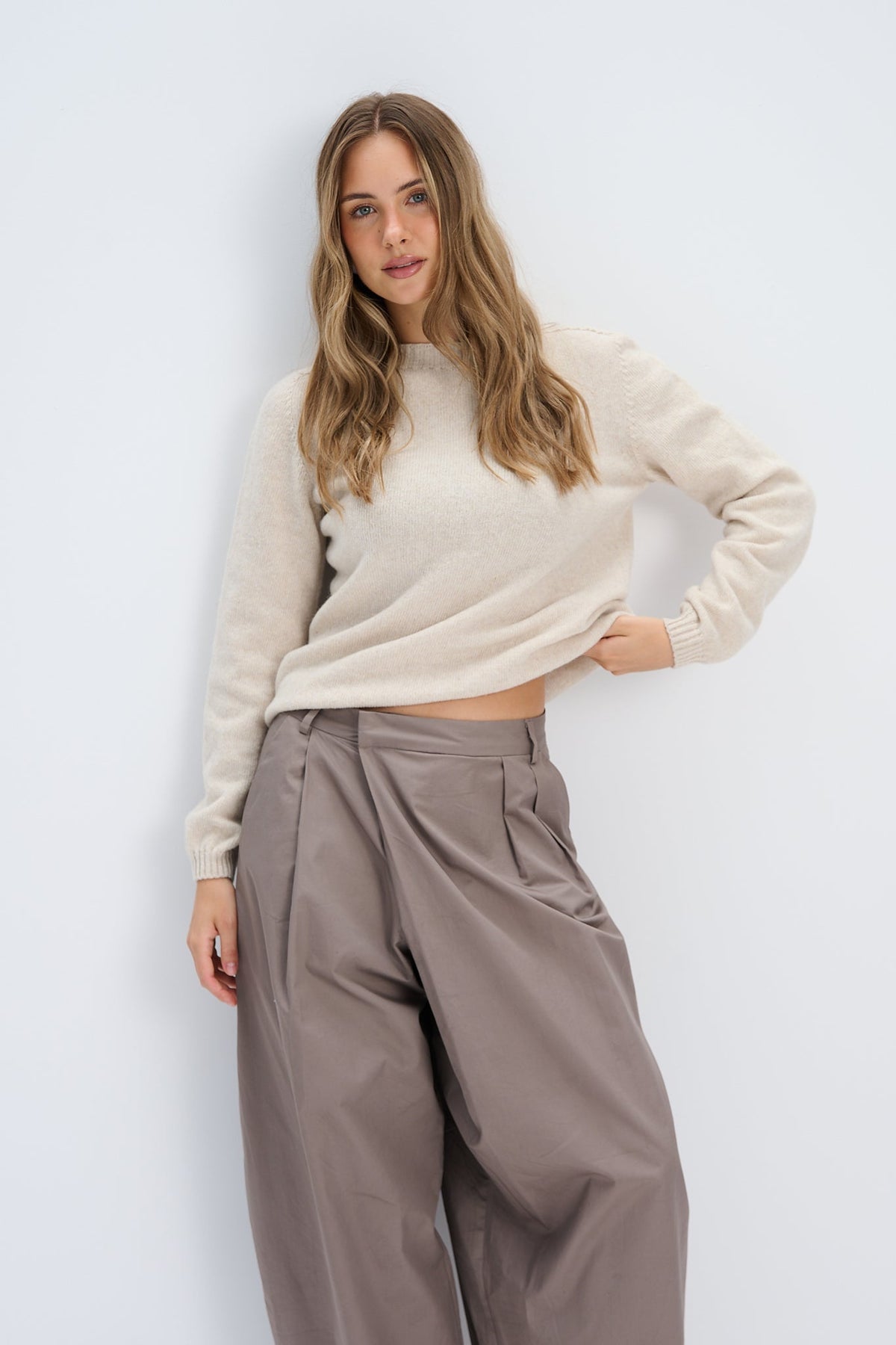 Elegant Flow Beige Merino Wool Sweater