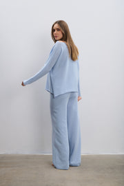 Soft Horizon blue cashmere and wool trousers and blouse set