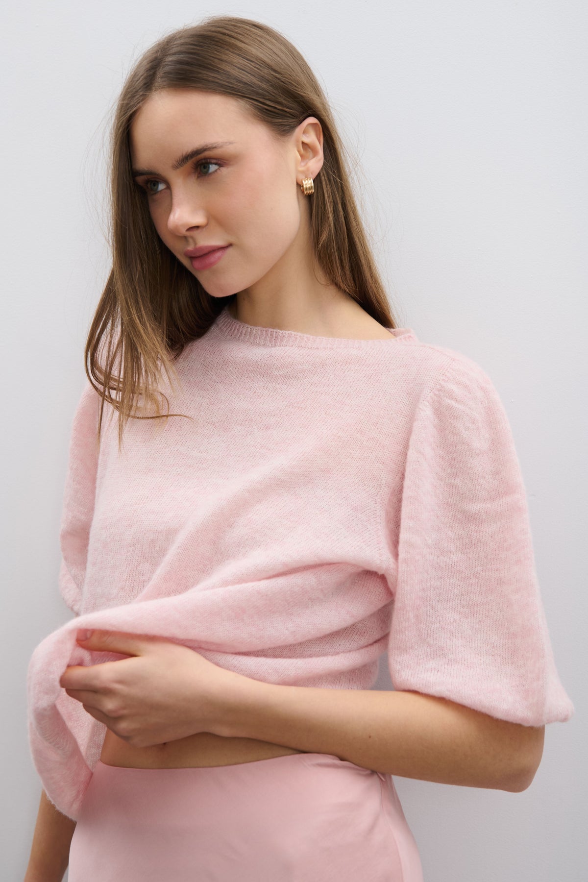 Baby alpaca and virgin wool short-sleeved sweater in pink