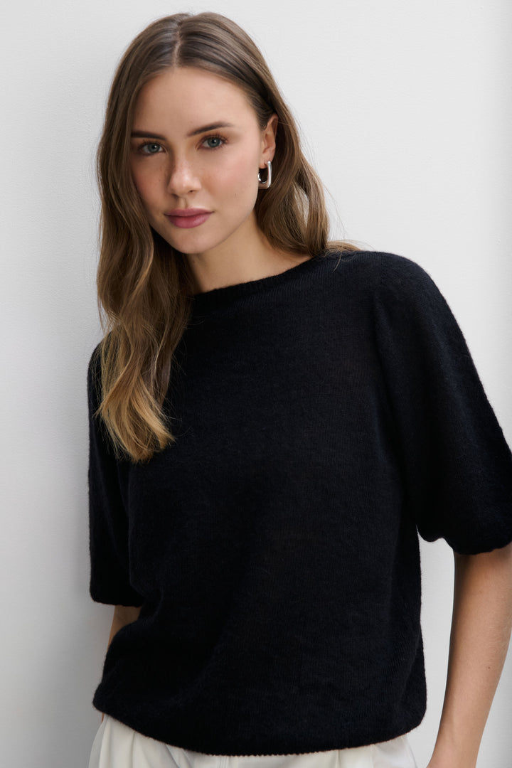 Baby alpaca and virgin wool short-sleeved sweater, black
