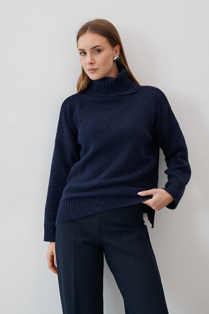 Loose wool turtleneck sweater, navy blue