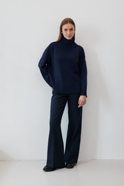 Loose wool turtleneck sweater, navy blue