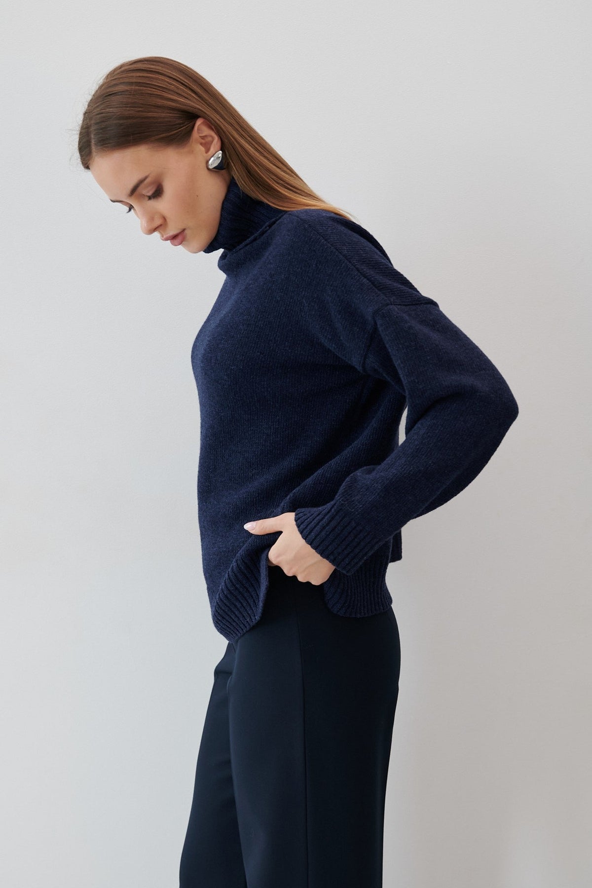 Loose wool turtleneck sweater, navy blue