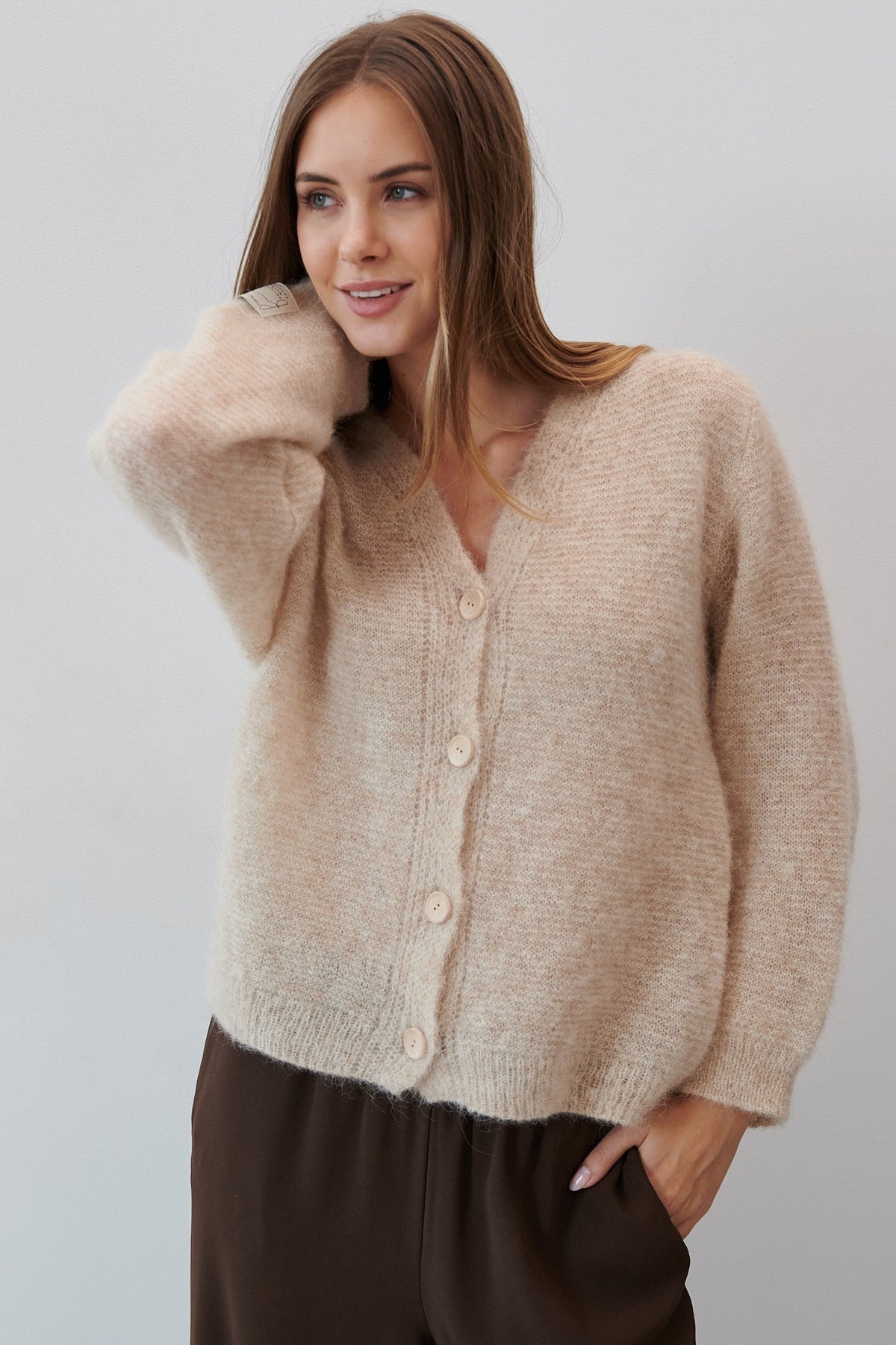 Button-up cardigan made of undyed alpaca wool, beige