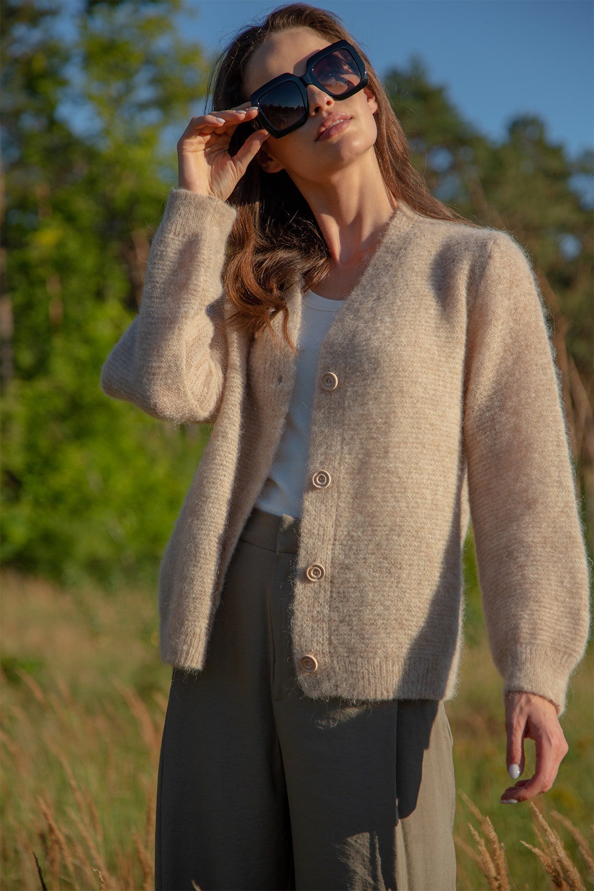 Button-up cardigan made of undyed alpaca wool, beige
