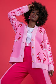 Sweet Pink Jacquard Button-Up Cardigan with Horseshoe Pattern