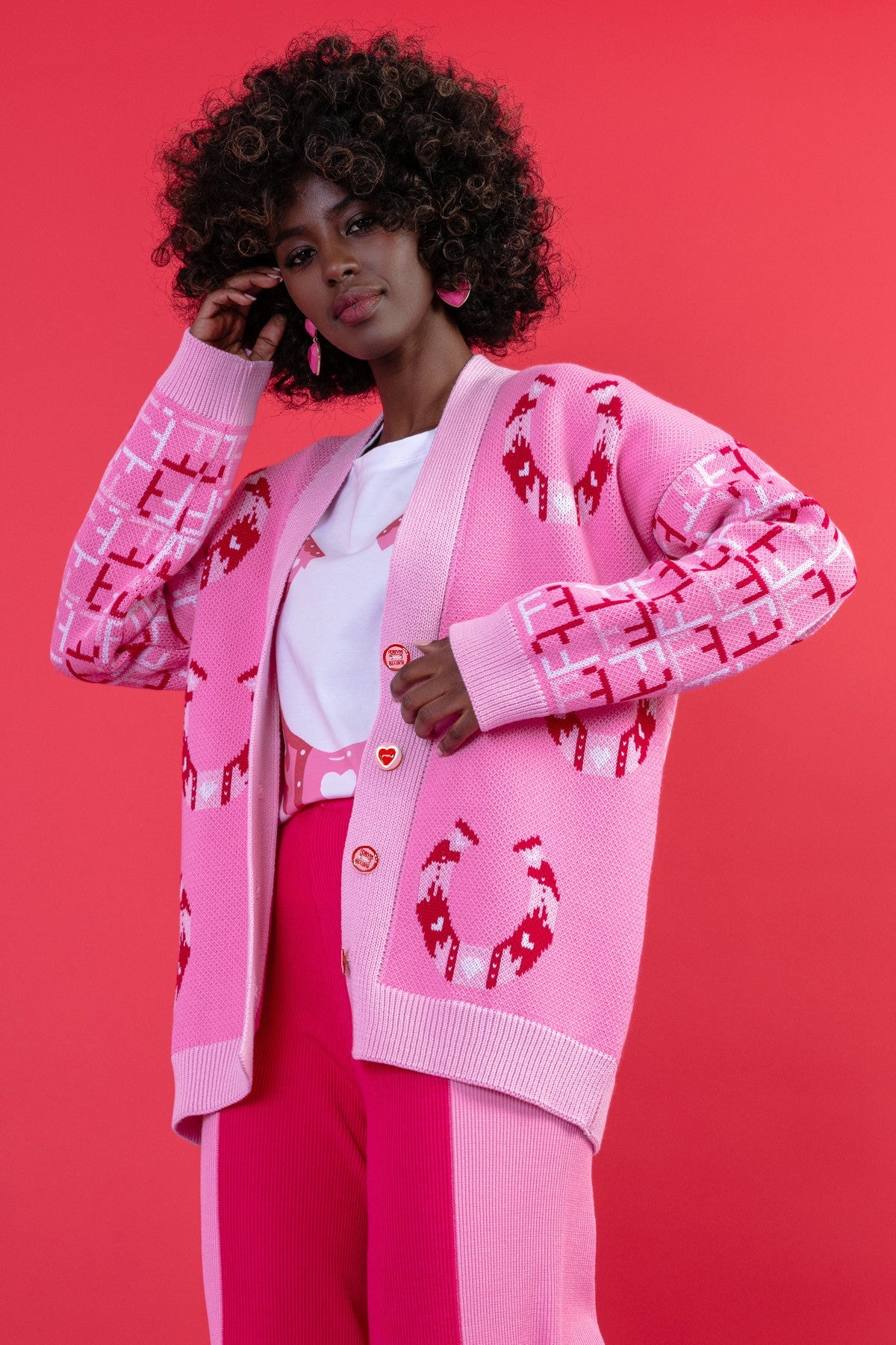 Sweet Pink Jacquard Button-Up Cardigan with Horseshoe Pattern