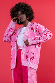 Sweet Pink Jacquard Button-Up Cardigan with Horseshoe Pattern
