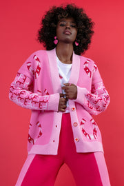 Sweet Pink Jacquard Button-Up Cardigan with Horseshoe Pattern