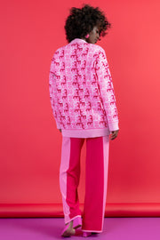 Sweet Pink Jacquard Button-Up Cardigan with Horseshoe Pattern